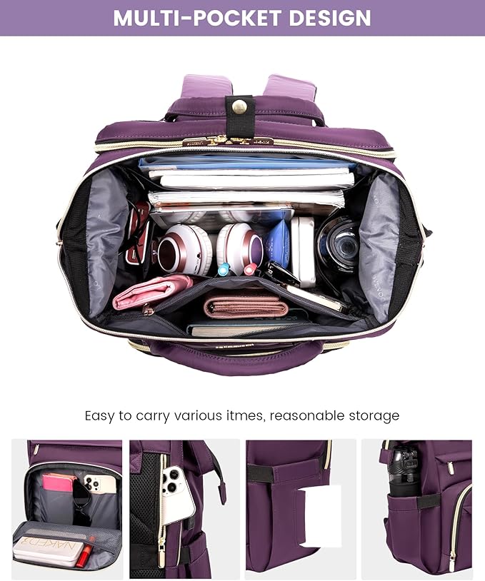 LOVEVOOK 17.3 Inch Laptop Backpack, Large Travel Backpack for Women, Water Resistant Teacher Backpack with Laptop Compartment, Professional Business Work bags with Charger, Dark Purple
