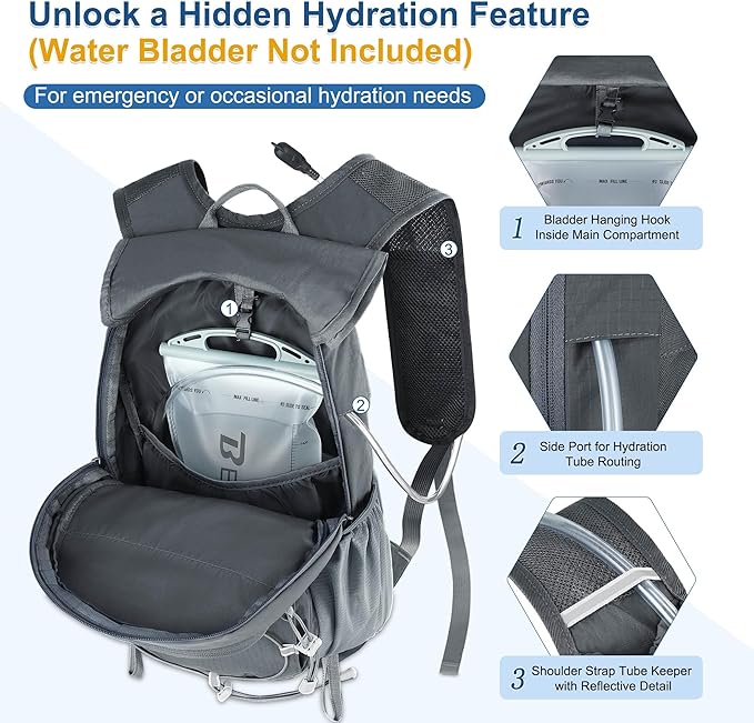 BECOJADDE Hiking Backpack 15L Small Backpack Packable Day pack Water Resistant Lightweight Travel Backpack for Women Men with Shoulder Strap Pockets for Hiking Camping Outdoor, Grey