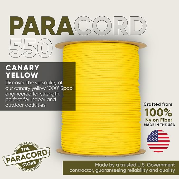 The Paracord Store | Type III 550 Paracord - 250 FT Spool, Canary Yellow | Heavy Duty 7 Strand Tactical Paracord - USA Made Nylon Outdoor Parachute Cord for Camping, Fishing & More - Survival Cord