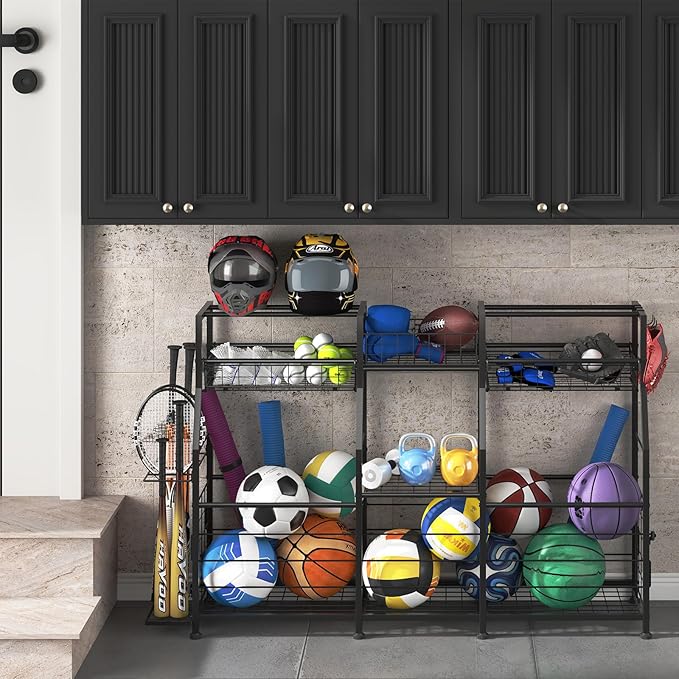 Garage Sports Equipment Organizer with Wheels - Ball Storage Rack with Elastic Rope or Wire Mesh,Garage Organizer System,Indoor/Outdoor Sports Rack for Sports Gear and Toys Storage,Black