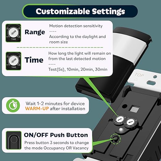TOPGREENER PIR Motion Sensor Light Switch, Occupancy & Vacancy Motion Sensor Switch, 𝐎𝐩𝐞𝐫𝐚𝐛𝐥𝐞 𝐖𝐢𝐭𝐡𝐨𝐮𝐭 𝐆𝐫𝐨𝐮𝐧𝐝 𝐖𝐢𝐫𝐞, No Neutral Wire, TDOS5-HL-BK-6PCS, Black
