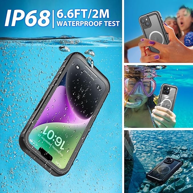 SPORTLINK for iPhone 14 Case Waterproof - Buit in Screen Protector [Compatible with MagSafe][IP68 Underwater][6.6FT Military Dropproof][Dustproof] Full Body Shockproof Phone Case 6.1" Black