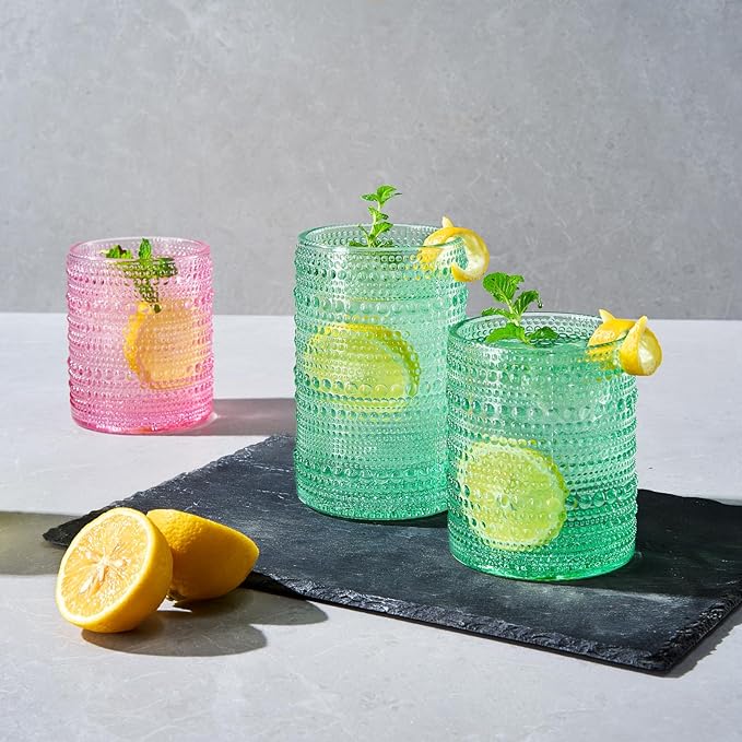 Khen Hobnail Beaded Highball Drinking Tumbler Glasses | Set of 12 | Color, Vintage Bubble Design Whiskey Glassware, Old-Fashioned, Embossed Design for Water, Wine, Cocktail Embossed, Rocks Glass