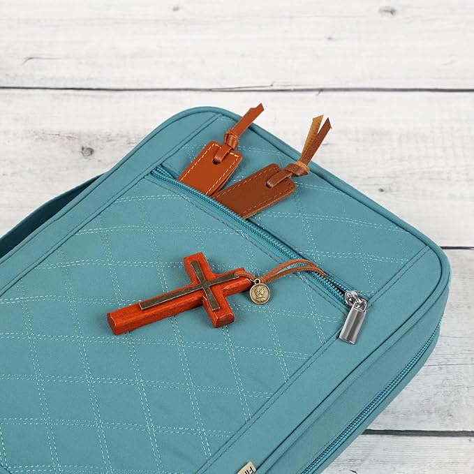 FINDCOZY Bible Cover for Women, Durable Carrying Book Case Church Bag for Biblical Accessories with Handle and Zippered Pocket, for Scriptures, Turquoise