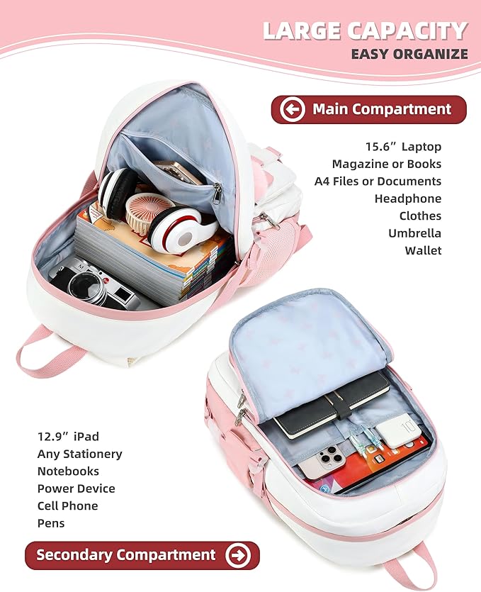 Hidds Laptop Backpacks 15.6 Inch School Bag Elementary Middle High College Backpack Cute Bookbags Anti Theft Travel Back Pack Casual Daypack Kids Book Bag for Teens Girls Women Students-Pink Beige