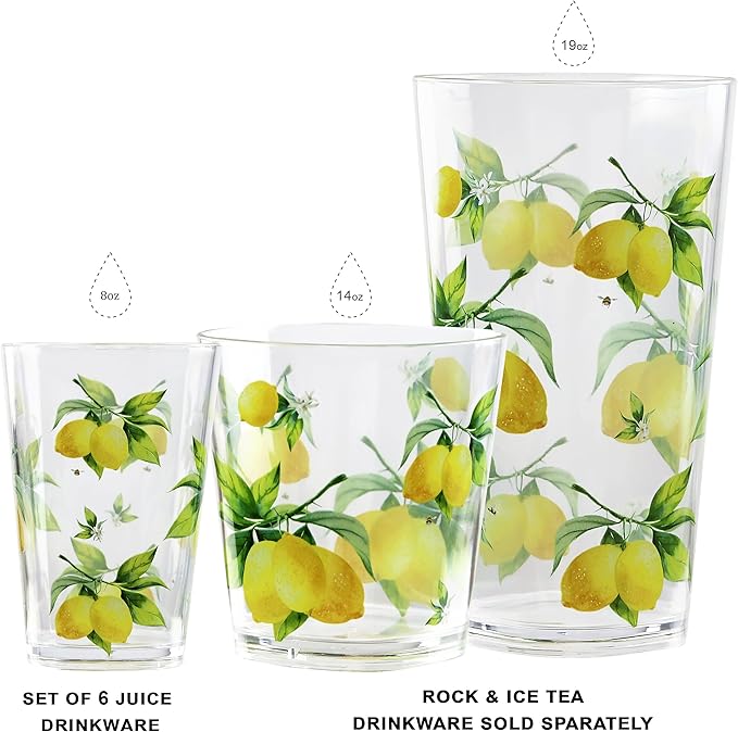 Calypso Basics Fresh Lemons, by Reston Lloyd, 8oz Acrylic Juice Drinkware, Set of 6, white, lemon, green