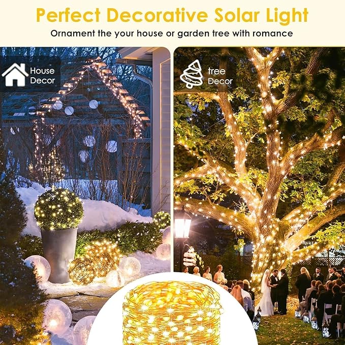 Extra-Long Solar String Lights for Outside, 4 Pack 400LED Solar Fairy Lights Outdoor Waterproof, Copper Wire with 8 Modes Solar Twinkle Lights for Tree Garden Party Patio Xmas Decor (Warm White)