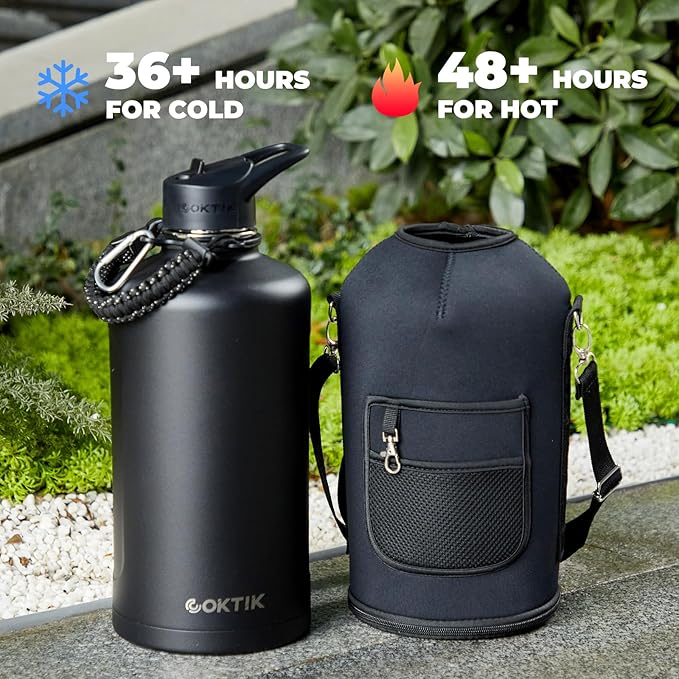 COKTIK 128oz Insulated Water Bottle - Stainless Steel Vacuum Metal, Portable 1 Gallon Large-Capacity Sports Bottle with Straw, Carry Bag and Handle Strap, Ideal for Gym & Hiking(Black)