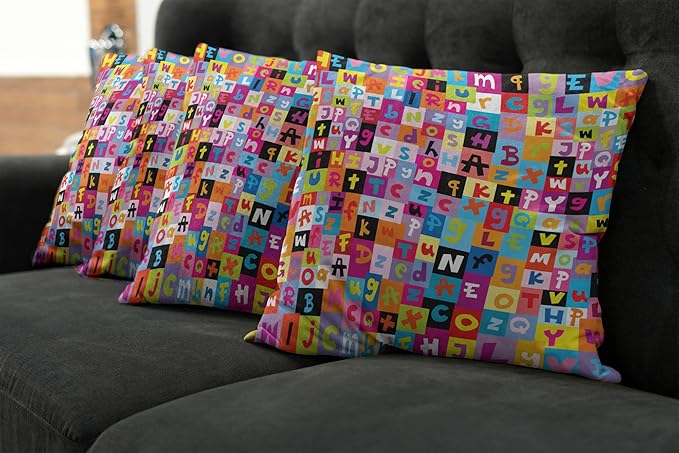 Ambesonne Abstract Throw Pillow Cushion Case Pack of 4, Colored Alphabet Letters Pattern Game Graphic Print, Modern Accent Double-Sided Digital Printing, 18", Multicolor