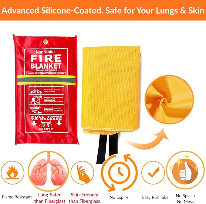 Emergerncy Silicone Fire Blanket for Home and Kitchen, 2 Pack 40"x40" Skin-friendly Fireproof Blanket, Glow-in-the-dark, Fire Retardant Suppression Compatible with Extinguisher
