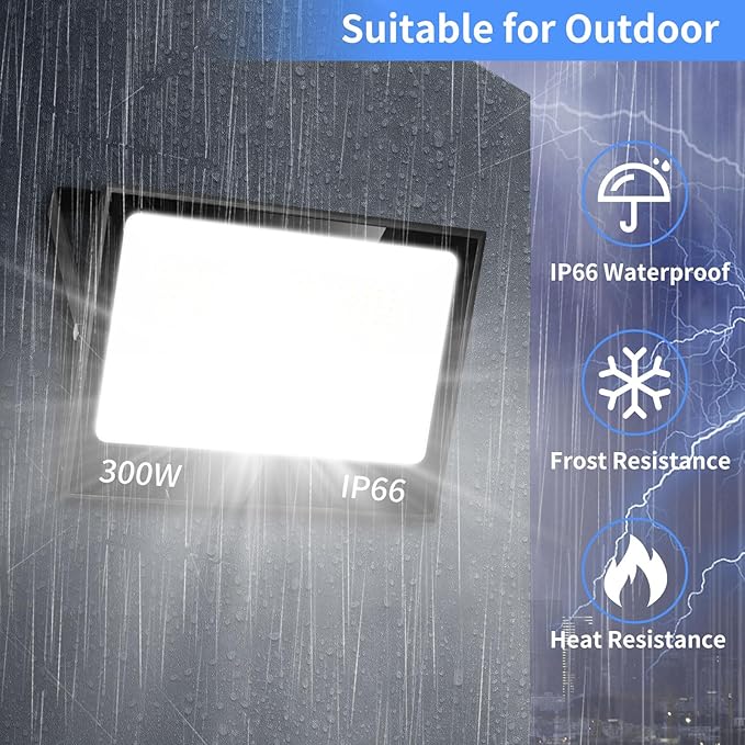 ISUERFY 300W LED Flood Light Outdoor with Plug, 36000LM Ultra Brighter Security Light, IP66 Waterproof Exterior Plug in Floodlight, 5000K Daylight White for Lawn Yard Garden Stadium(2 Pack)