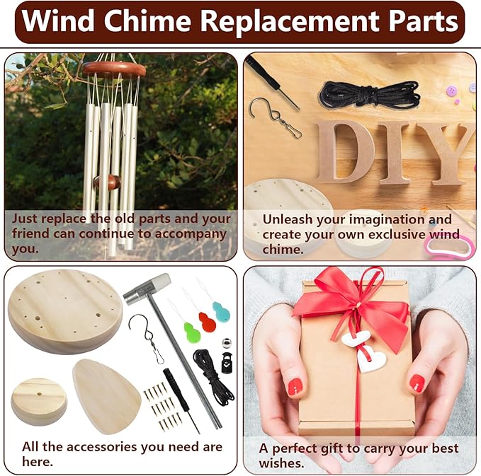 Wind Chime Replacement Parts, 28 PCS Windchime Repair Kit Including Round Top, Clapper, Wind Catcher, 19.6FT Nylon Cord, DIY Wind Chime Supplies (Wood)