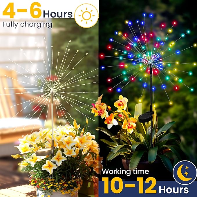 GIGALUMI Garden Decor Outdoor Lights 120LED 2Pack, Solar Garden Lights Outside Fairy Firework Decorative,Solar Powered for Yard Pathway Flowerbed Planter Balcony Patio 4th of July Decor (Multicolor