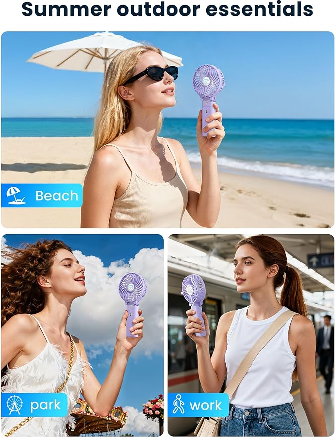 HandFan 5200mAh Handheld Fan Rechargeable, 20H Runtime Hand Fan, 3 Speeds Strong Airflow, Personal 180° Foldable Portable Fans for Travel/Summer/Concerts/Lash/Commute, Gifts for Women (Purple)