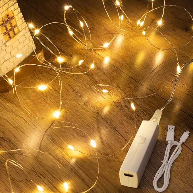 Lakumu LED Fairy Lights Battery Operated, Rechargeable String Lights with 8 Modes & Timer, Type‑C, Waterproof Twinkle Lights for Bedroom Wedding Christmas Decor (5M/16FT Warm White)