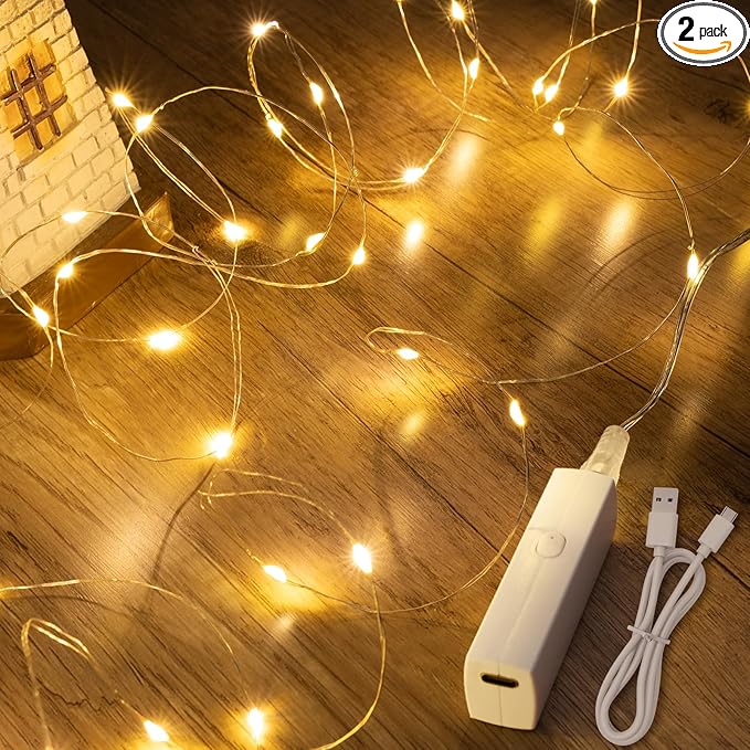 Lakumu Warm White String Lights, 32FT(16 * 2) Rechargeable, Decor for Wedding Parties Centerpieces, Warm White