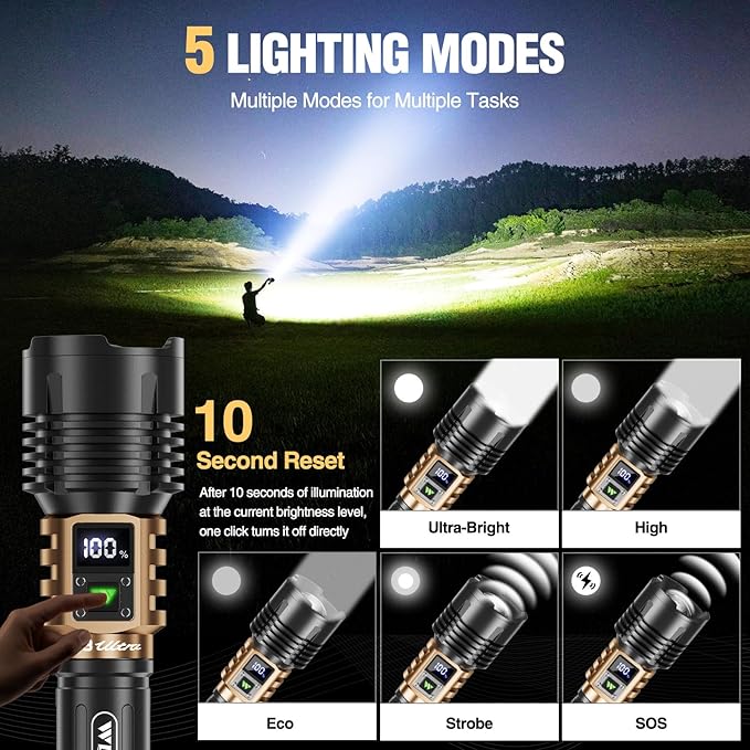 WdtPro Rechargeable LED Flashlights High Lumens, Super Bright 90000LM Rechargeable Flashlight with LCD Display, 5 Modes & Waterproof Powerful 10000mAh Handheld Flashlight for Camping Emergency Gold