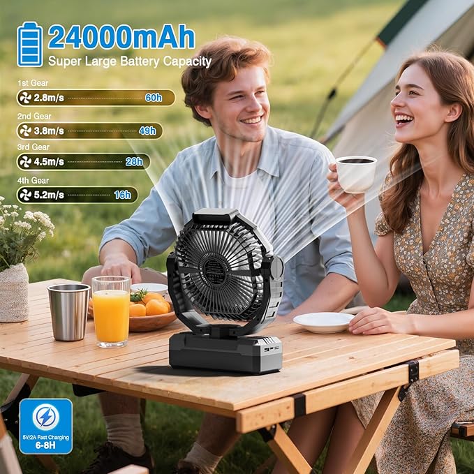 FRIZCOL 3-in-1 Camping Fan - Portable Fans Rechargeable - 24000mAh Battery Powered Fan with Light & Remote for Indoor, Outdoor, Tent, Travel, Fishing, Jobsite, Gifts for Men Dad Him - Black