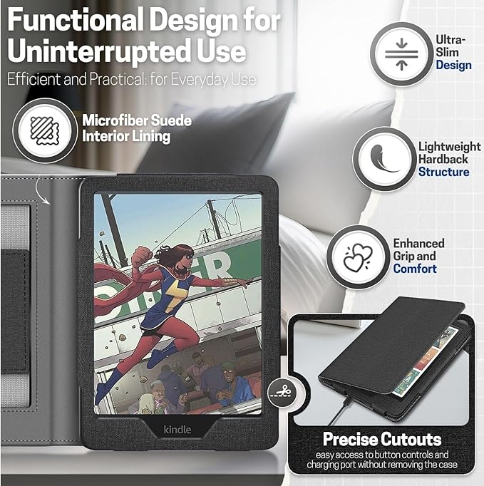 TNP Stand Case for Kindle Paperwhite 12th Generation 2024 / Kindle Colorsoft Signature Edition with Hand Strap & Card Slot - 7" PU Leather Protective Folio Cover with Auto Wake/Sleep, Black