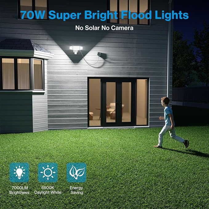 Olafus 70W Motion Sensor Outdoor Light Plug in, Motion Flood Light Dusk to Dawn, 7000LM LED Security Light IP65 Waterproof, Motion Activated 6500K PIR Sensor Lighting for Garage Yard Patio Eave, White
