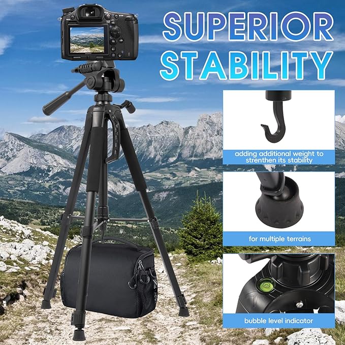 Tripod Stand for Camera & Cell Phone,68” Professional Stand with Carry Bag and Phone Holder,Sturdy & Stable Height Adjustable Multi-Angle Shot Selfie Stick Tripod,Max Load 11Lb(Black)