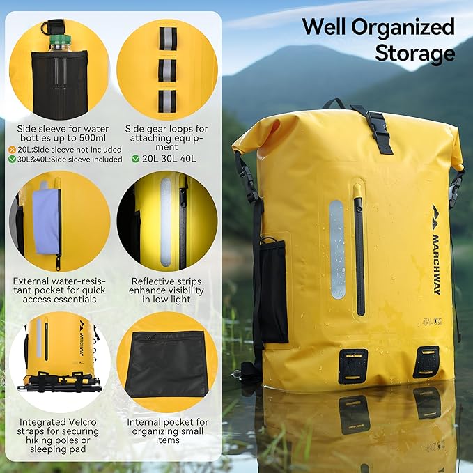 MARCHWAY Roll Top Waterproof Backpack, Floating Dry Bag 20L/30L/45L with Ergonomic Rectangular Base, Cushioned Back, Hip Strap for Hiking Camping Kayaking Travel (Yellow, 20L)