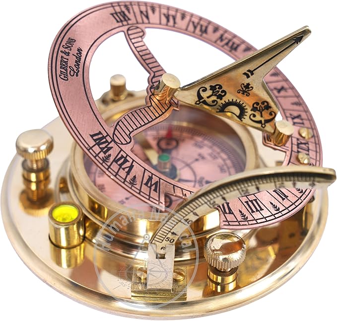 Humaira Nautical Vintage Brass Sundial Compass with Copper Dial & Leather Box Handmade Sun Clock Maritime Navigation Compass Gift