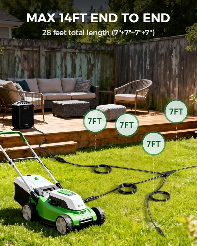 28 Ft Outdoor Extension Cord, 1 to 3 Splitter Heavy Duty Weatherproof Power Cord, 16/3 SJTW, 3 Grounded Outlets Flat Plug for Patio, Garden Displays, Lights, Black ﻿
