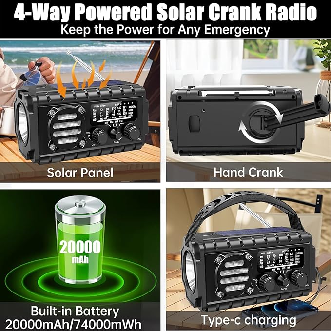 Aivica 20000mah Emergency Radio, SW/NOAA/AM/FM Weather Radio, Solar Powered Hand Crank Chager with Bige Batery Powered,Portable,Cellphone Charge,SOS,Flashlight for Emergency/Home (Black)