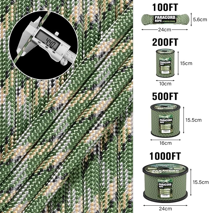 1200 Paracord Rope - 4.4mm 14 Strand Nylon Parachute Spool para Cord Lanyard for Outdoor Camping Survival Utility Tent Crafting DIY Projects Fishing Clothsline Bracelet - Camo Green 1000FT