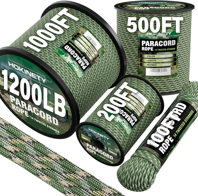 1200 Paracord Rope - 4.4mm 14 Strand Nylon Parachute Spool para Cord Lanyard for Outdoor Camping Survival Utility Tent Crafting DIY Projects Fishing Clothsline Bracelet - Camo Green 1000FT