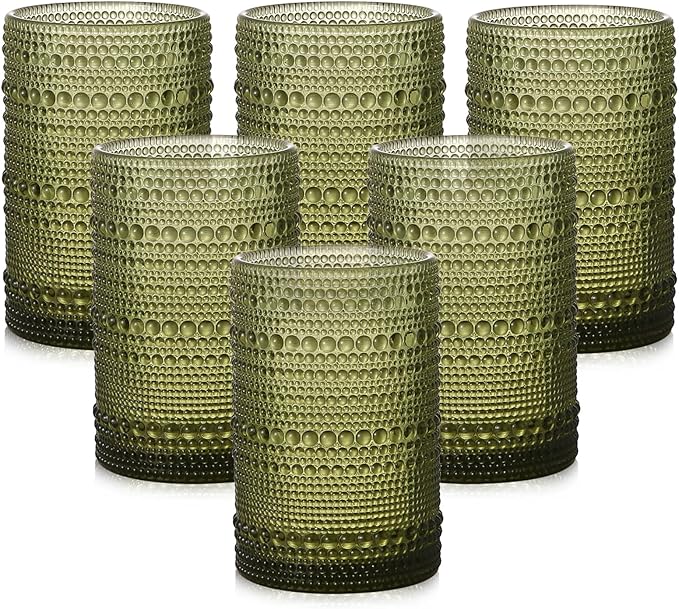 ZMOWIPDL Vintage Glassware Drinking Glasses Set of 6,15 oz Hobnail Glass Cups,Embossed Green Water Tumbler,for Beer,Cocktail,Whiskey,Juice and Various Mixed Drinks- 1 Cleaning Brush