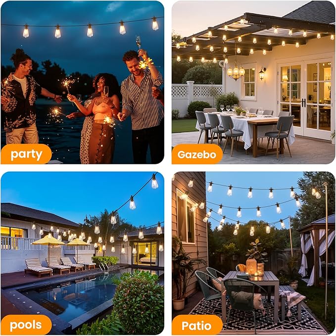 ZOTOYI Outdoor String Lights, 25FT Waterproof Patio Lights with 13 (1 Spare) LED ST38 Vintage Edison Shatterproof Bulbs Outside Hanging Light for Backyard, Cafe, Porch, Gazebo Dimmable 2700K