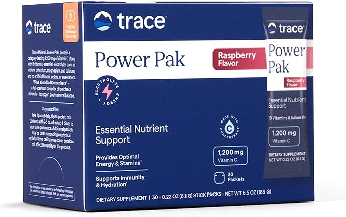 Trace Minerals | Power Pak Electrolyte Powder Packets | 1200 mg Vitamin C, Zinc, Magnesium | Boost Immunity, Hydration and Natural Energy | Raspberry | 30 Packets