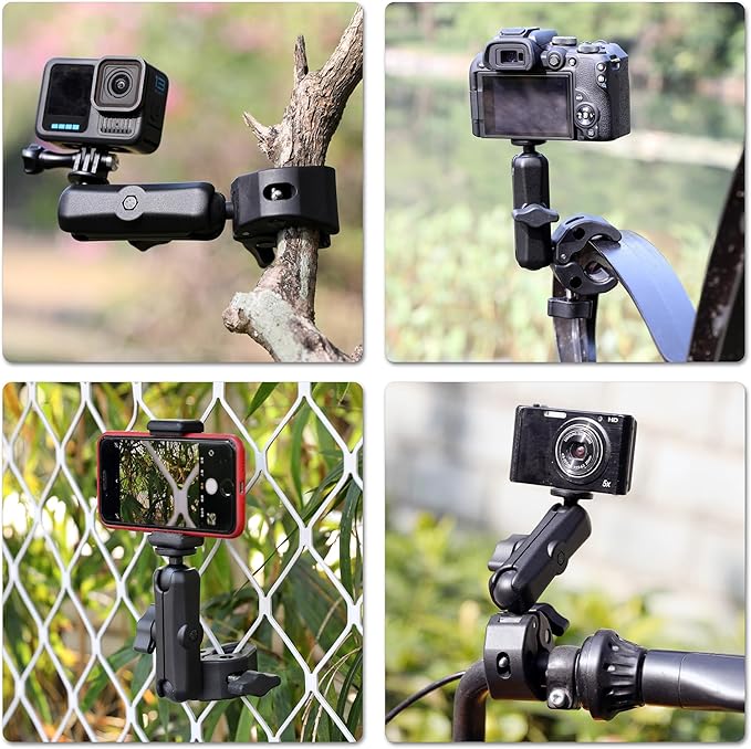 SOONSUN Super Clamp Mount with Dual 360° Ball Heads & Phone Holder, Heavy-Duty Camera Clamp Mount for GoPro Hero 13 12 11 10 9, Insta360, DJI Osmo, DSLR, Smartphones & Action Cameras