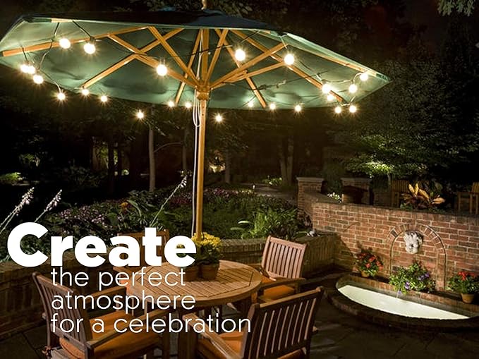 Sunlitec Solar String Lights Waterproof LED Indoor/Outdoor Hanging Umbrella Lights with 30 Bulbs - 50 Ft Patio Light for Deckyard Tents Market Cafe Gazebo Porch Party Decor