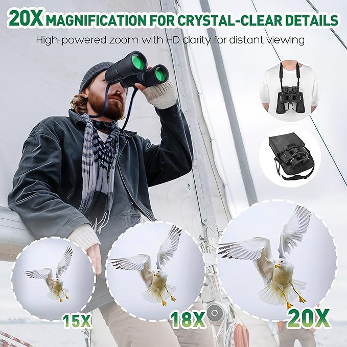 Binoculars for Adults High Powered, 20 x 50 Compact HD Large View Binoculars for Bird Watching Travel Hunting Cruise Outdoor Sports with Carrying Case & Strap
