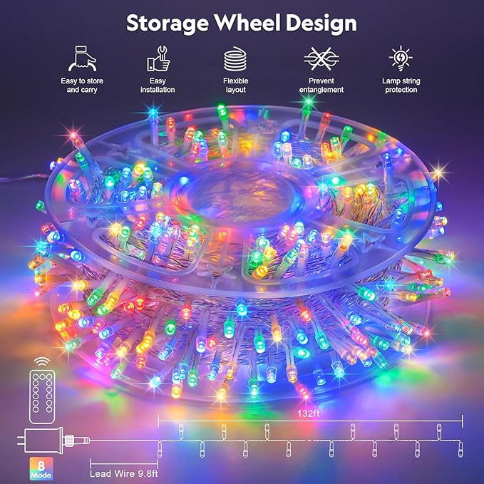 JMEXSUSS 132ft 400 LED Christmas Lights Indoor Outdoor Waterproof, 8 Modes Multicolor Christmas Tree Lights Plug in with Remote, Twinkle String Light for Bedroom Party Tree Christmas Decor (Pack of 2)