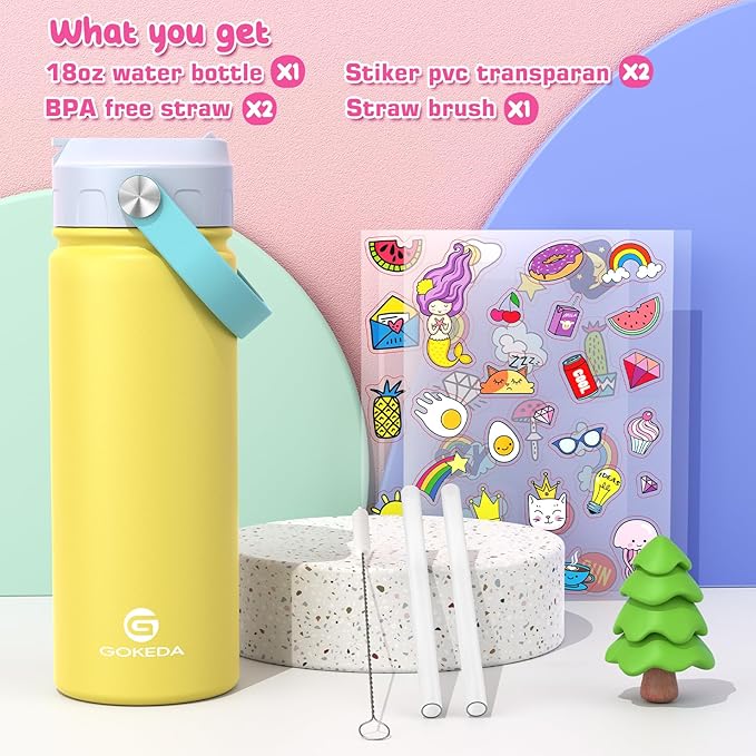 GoKEDA 18oz Kids Water Bottle, Insulated Bottles with Stickers, 18/8 Stainless Steel Vacuum Leak Proof Straw Cup for School, Gifts for Boys Girls(BlueYellow)