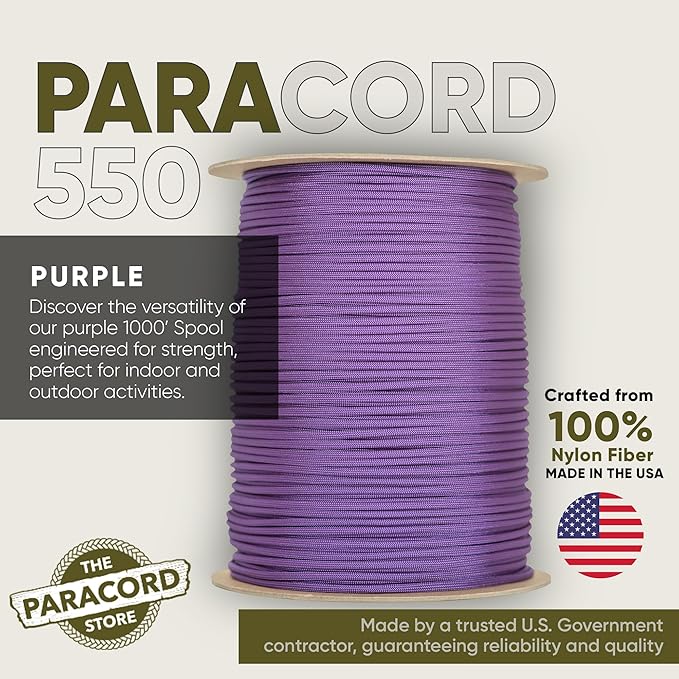The Paracord Store | Type III 550 Paracord - 1000 FT Spool, Purple | Heavy Duty 7 Strand Tactical Paracord - USA Made Nylon Outdoor Parachute Cord for Camping, Fishing & More - Survival Cord