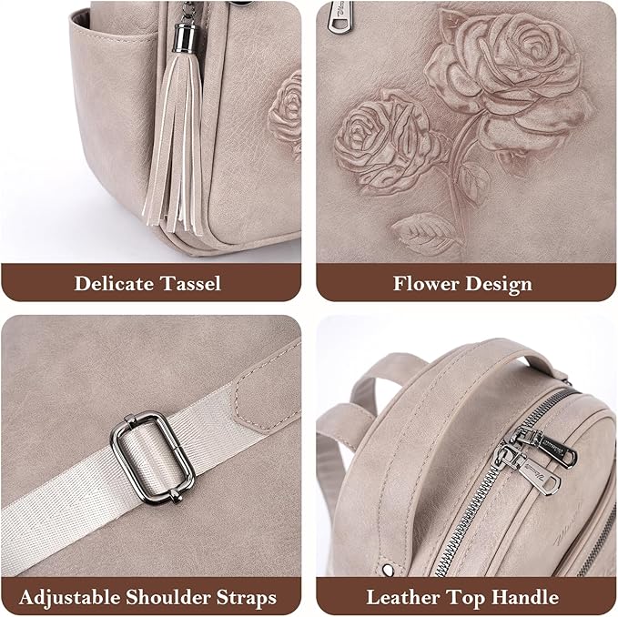 Mini Backpack Purse for Women,Embossed Leather Small Backpack Fashion Travel Backpacks Daypacks Shoulder Handbag (GRAY-Flower)