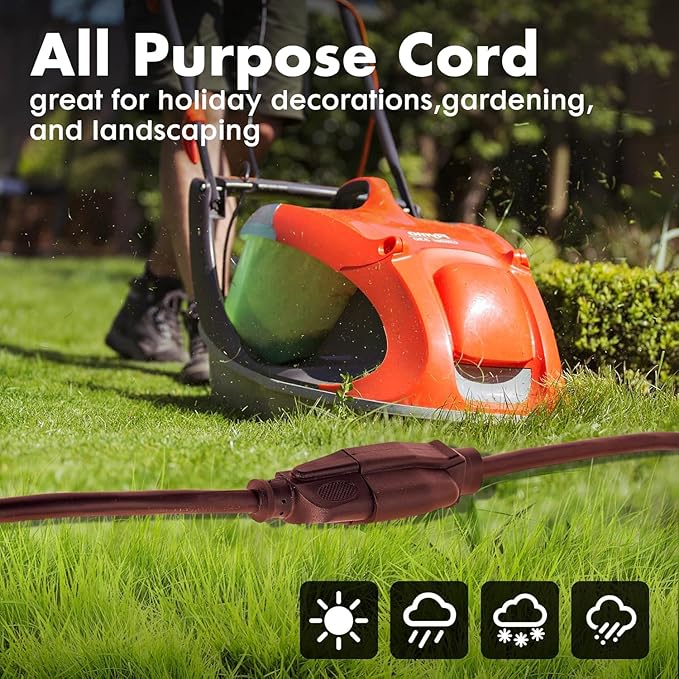 3ft Brown Extension Cord Waterproof, UL Listed, 16/3 SJTW Heavy Duty 3 Prong, 16 Gauge 13A Power Cord Ideal for Lights, Appliances, and Lawn