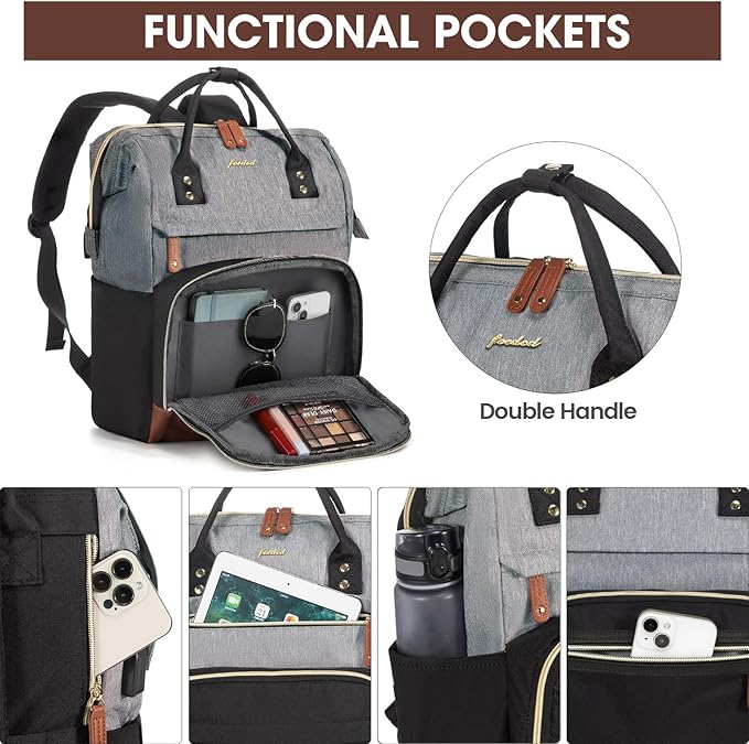 Focdod Laptop Backpack 17.3 Inch Womens Professional Purse Computer Bag Nurse Teacher Backpack College Work Bags Carry on Travel Back Pack with USB Port Black-Grey-Brown