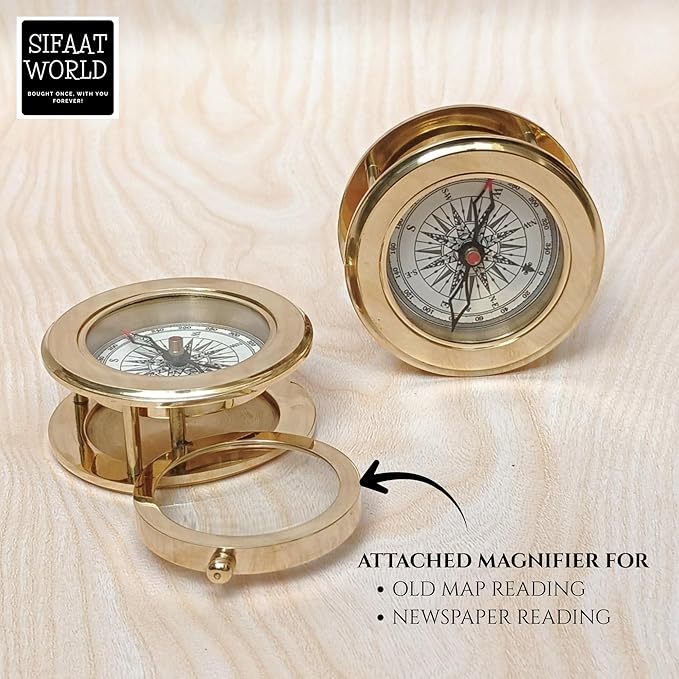 Vintage Brass Compass with Wooden Box – Antique Navigation Compass for Hiking, Camping, Gifts & Home Decor – Classic Map Reading Compass for Men