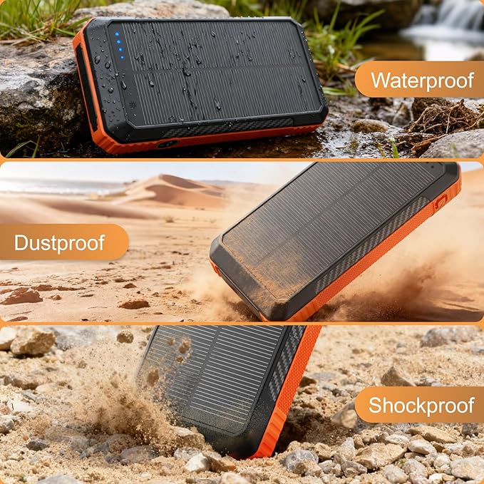 Solar Power Bank 33800mAh with Super Bright LED Flashlight, Built-in 4 Cables & Wireless Charging, Portable Charger with Compass, 7 Outputs & 4 Inputs for Camping/Hiking(Orange)