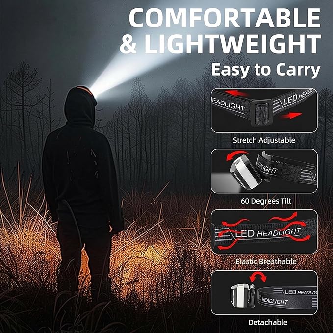 6 Pack Rechargeable Headlamp Flashlight, LED Head Lamp with White Red Light, Super Bright USB-C Headlight Motion Sensor Head Lamp for Adults 11 Mode Outdoor Camping Running Hiking Fishing