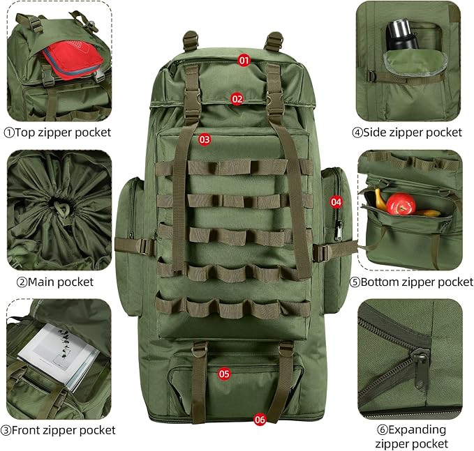 70L/100L Camping Hiking Backpack with Rain Cover, Expandable Large Military Tactical Backpack, Waterproof Molle Racksack Travel Backpacking Daypack for Climbing Trekking (Green)