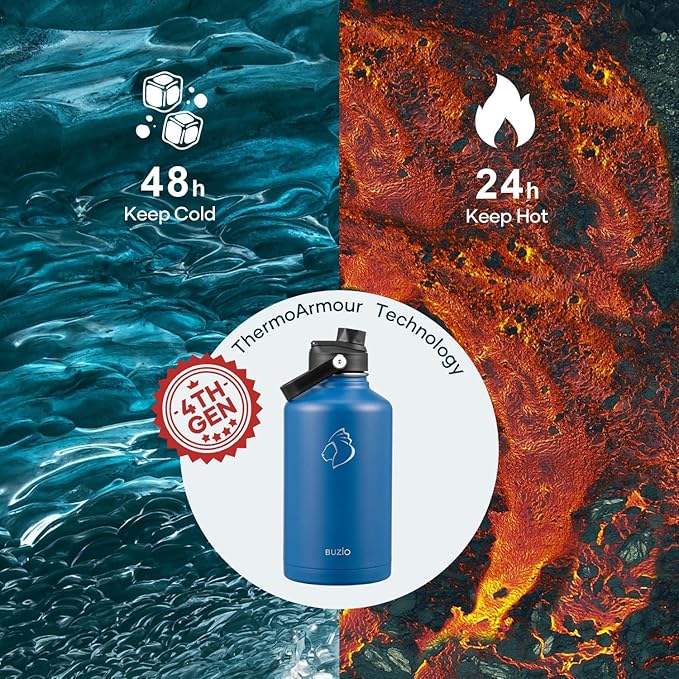 BUZIO Vacuum Insulated Stainless Steel Water Bottle (Cold for 48 Hrs/Hot for 24 Hrs), 64oz Double Walled Wide Mouth Sports Drink Flask with BPA Free Straw Lid and Flex Cap, Cobalt