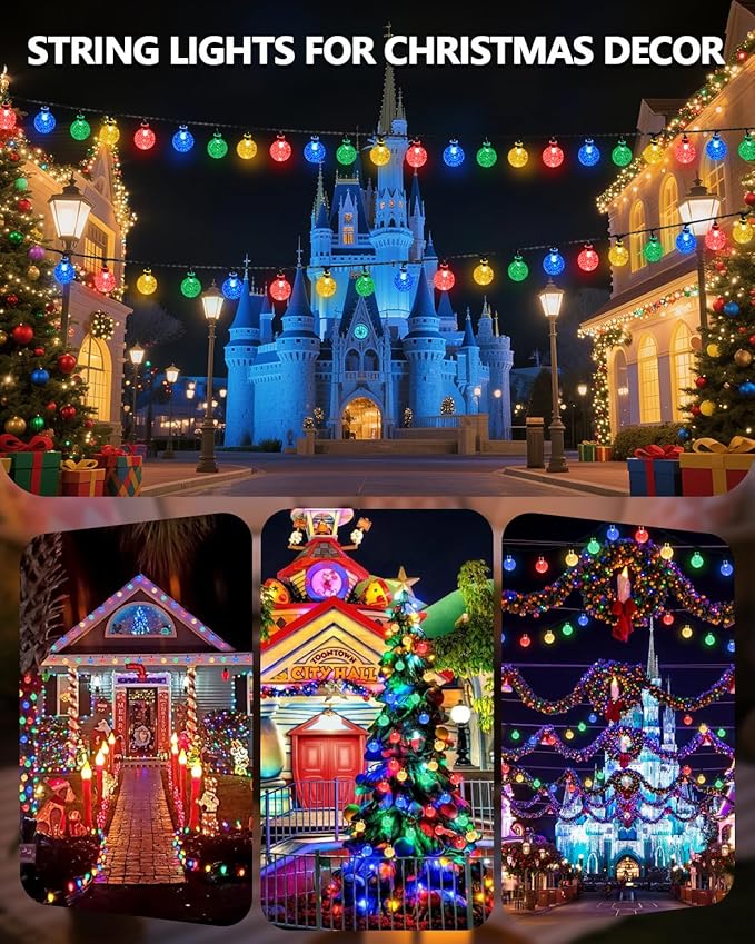 Multicolor Solar String Lights Outdoor, 2-Pack Total 100 LED 64FT Crystal Globe Solar Powered Lights for Outside Waterproof with 8 Lighting Modes, Patio decorations for Tree Wedding Party Garden Yard