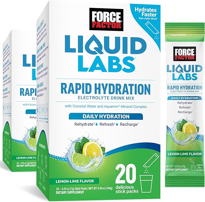 Force Factor Liquid Labs Electrolytes Powder Packets—Lemon Lime—Hydration Packets to Make Electrolyte Water with 5 Essential Electrolytes, Vitamins, Minerals, and Antioxidants, 40 Stick Packs, 2-Pack